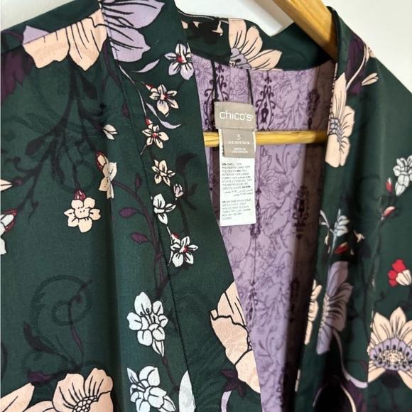 Chicos Green Floral Tie Sleeve Open Blazer Jacket - Picture 10 of 11